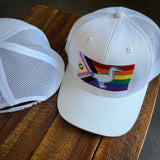 White Trucker Hat with Pride Flag Goose