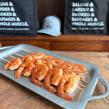 Blackened Shrimp smoked over peach wood