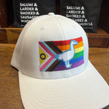 White Trucker Hat with Pride Flag Goose